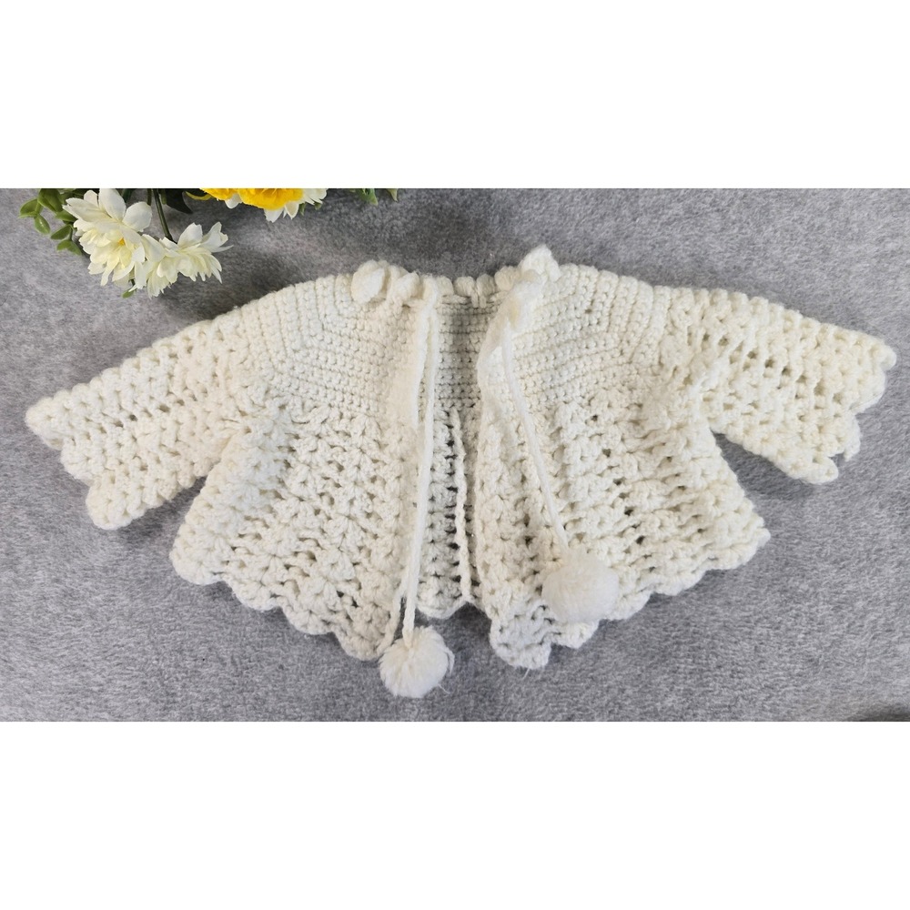Vintage 80s Handmade Crochet Baby Cardigan Cream Pom Pom Scalloped Edge 0-6m